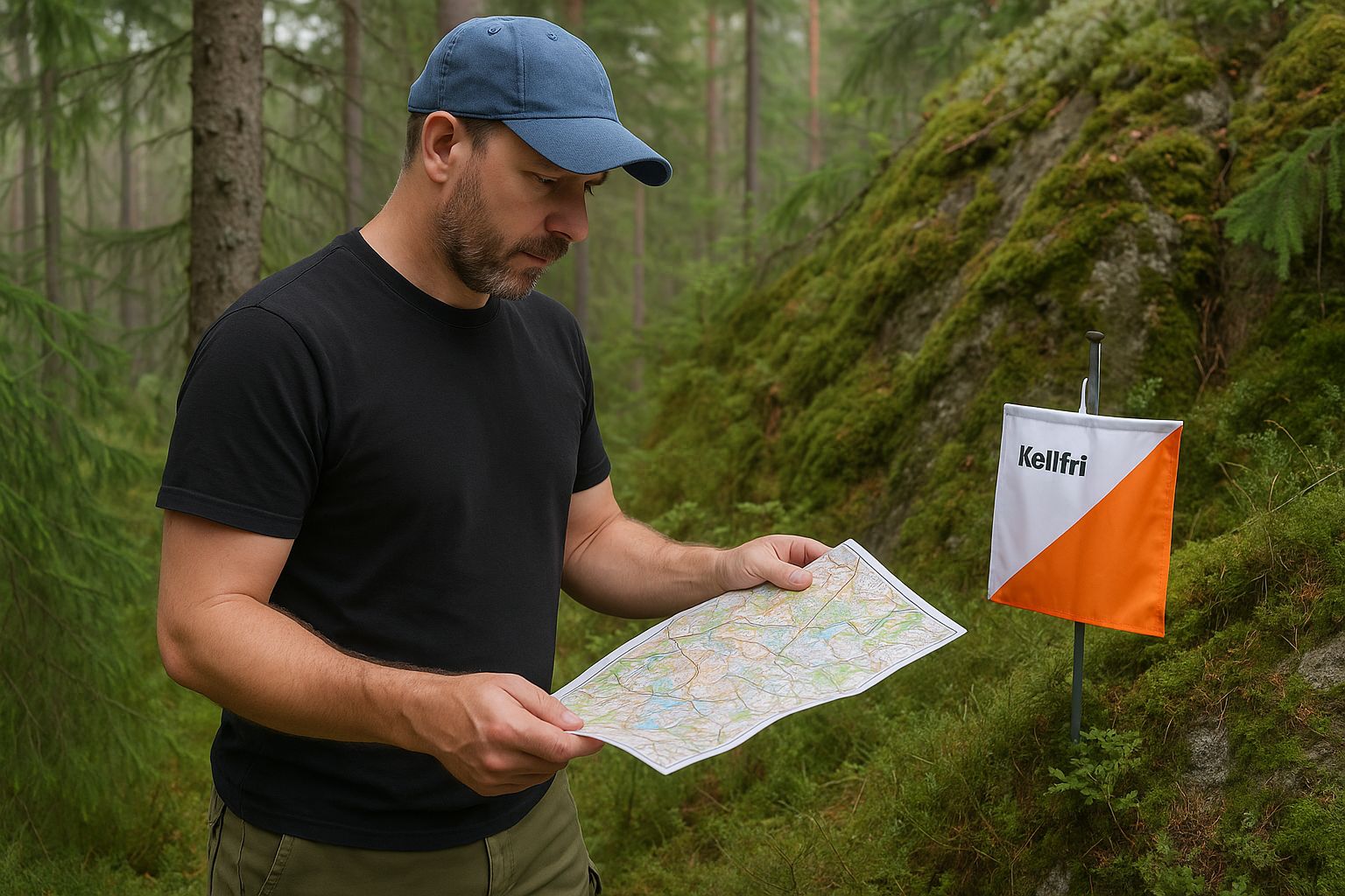 En person studerar en detaljerad orienteringskarta djupt inne i en skog.