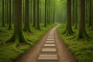 Smal skogsväg med gul markering och träd. Förenklar orientering.